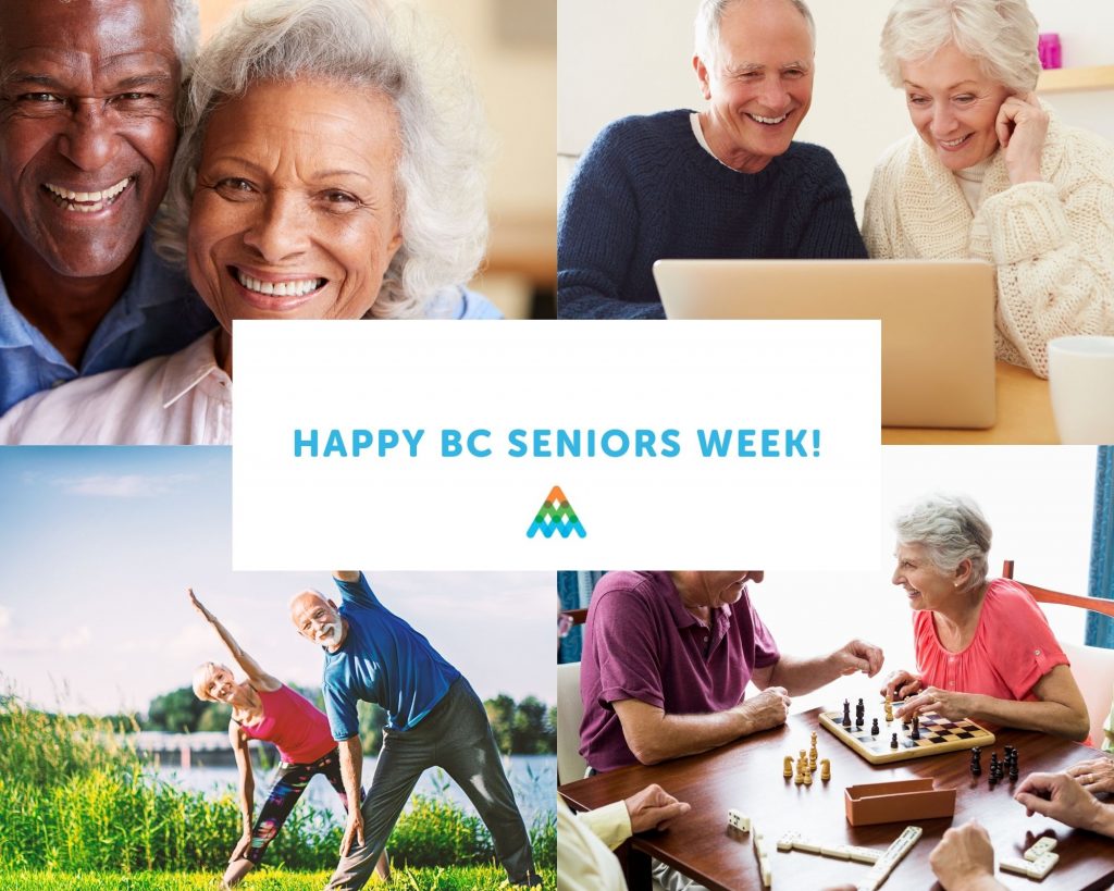 "happy bc seniors' week" with four pictures of seniors smiling, doing yoga, on the computer, playing chess